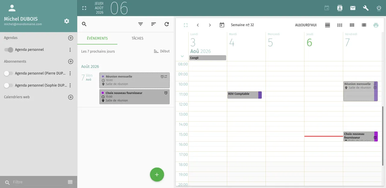 Une capture d'écran présentant la partie "agenda" de l'interface Web du webmail SOGo.