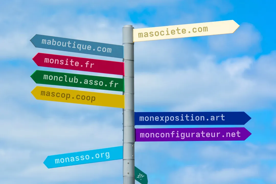 Un image d'illustration présentatant un panneau routier avec plusieurs directions. Chaque panneau directionnel porte la mention d'un nom de domaine.