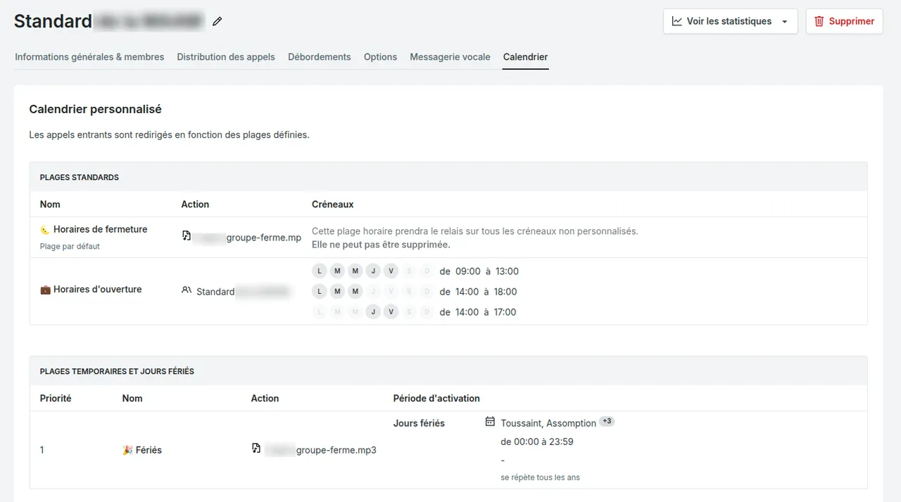 Capture d'écran de l'interface Web permettant de gérer les plages d'ouverture, de fermeture et les exceptions d'un groupe d'appels.